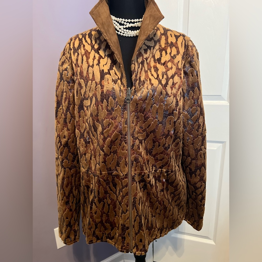 Vintage City Girl Nancy Bolen Leopard Patterned Zip-Up Jacket Blazer Faux Fur L